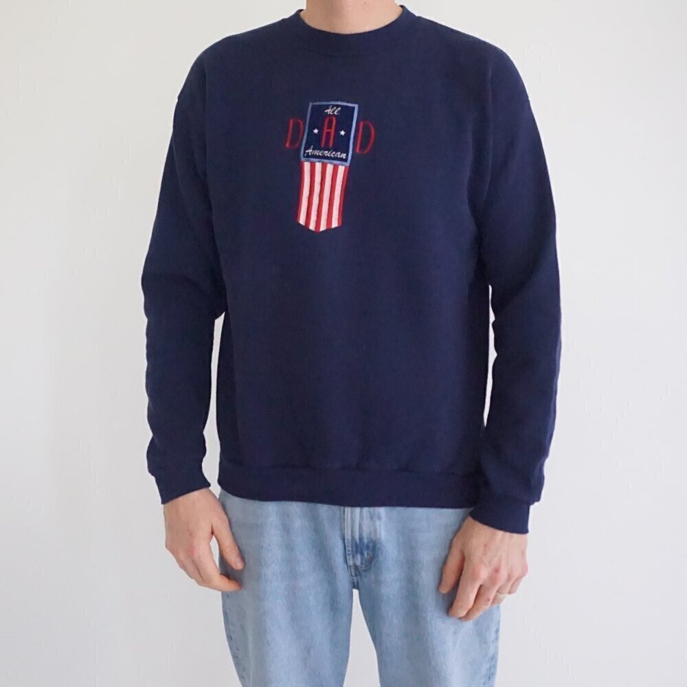 '90S Endless Designs Embroidered All American Dad Patriotic Crewneck Sweater XL